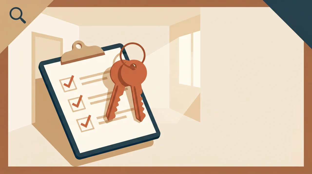 Propietario revisando el estado de una habitación vacía con una lista de verificación durante la entrega de llaves